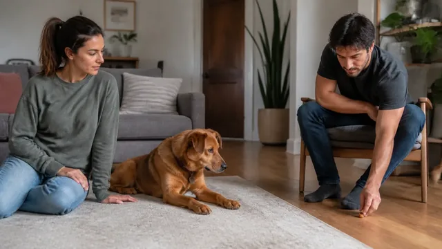Cautious reddish brown rescue dog resting near one caregiver while her husband places a treat on the floor from a distance