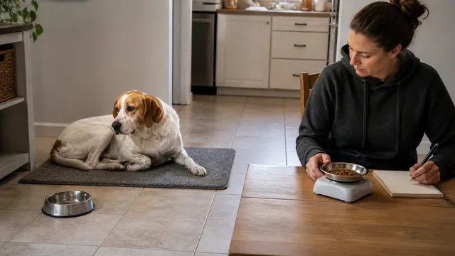 Caregiver measuring dog food while a newly adopted white and brown hound rests in a quiet kitchen