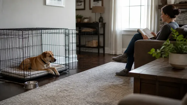 Newly adopted tan mixed breed dog resting in an open crate while a caregiver sits quietly several feet away