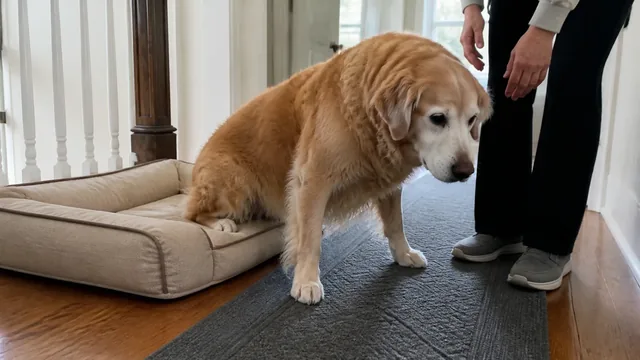 Gray muzzled senior golden retriever rising from a low bed on a nonslip hallway runner