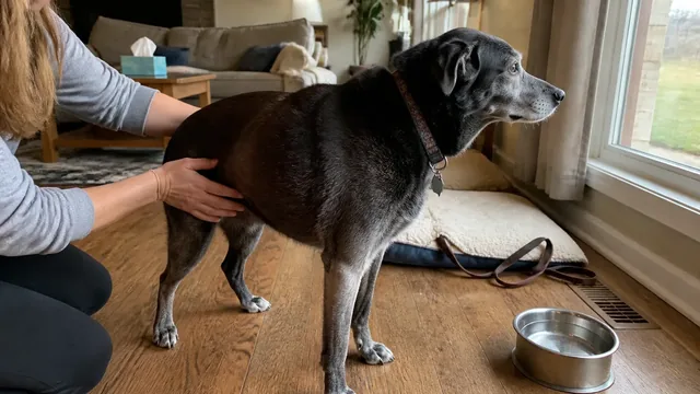 Alert gray muzzled senior mixed breed dog standing in profile during an ordinary home check in