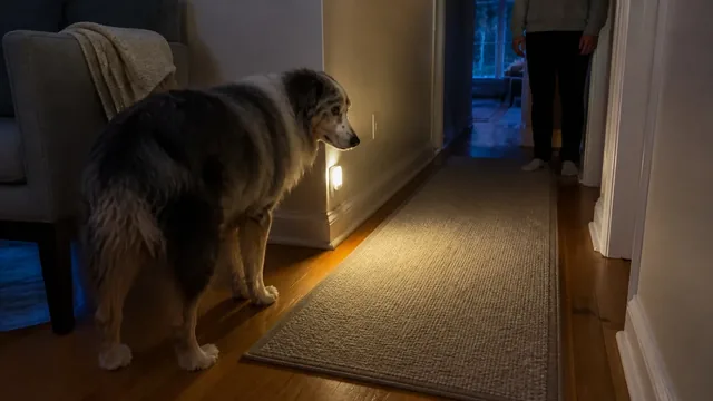 Gray muzzled senior Australian shepherd pausing near a chair in a softly lit home hallway