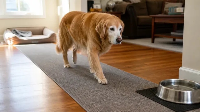 Gray muzzled senior golden retriever walking on a nonslip runner across a hardwood floor