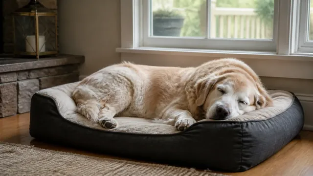 Senior golden retriever sleeping on a supportive bed beside a sunny window