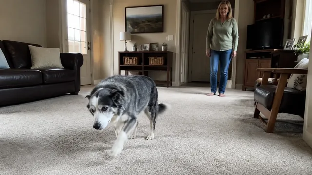 Gray and white dog walking across a carpet while a person watches from a distance