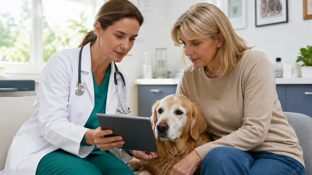 Veterinarian and caregiver reviewing senior dog laboratory results on a tablet beside a gray muzzled golden retriever