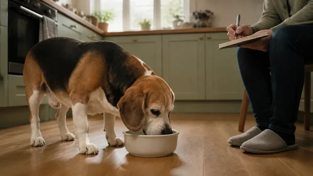 Gray muzzled senior beagle eating from a plain bowl while its owner writes in a notebook