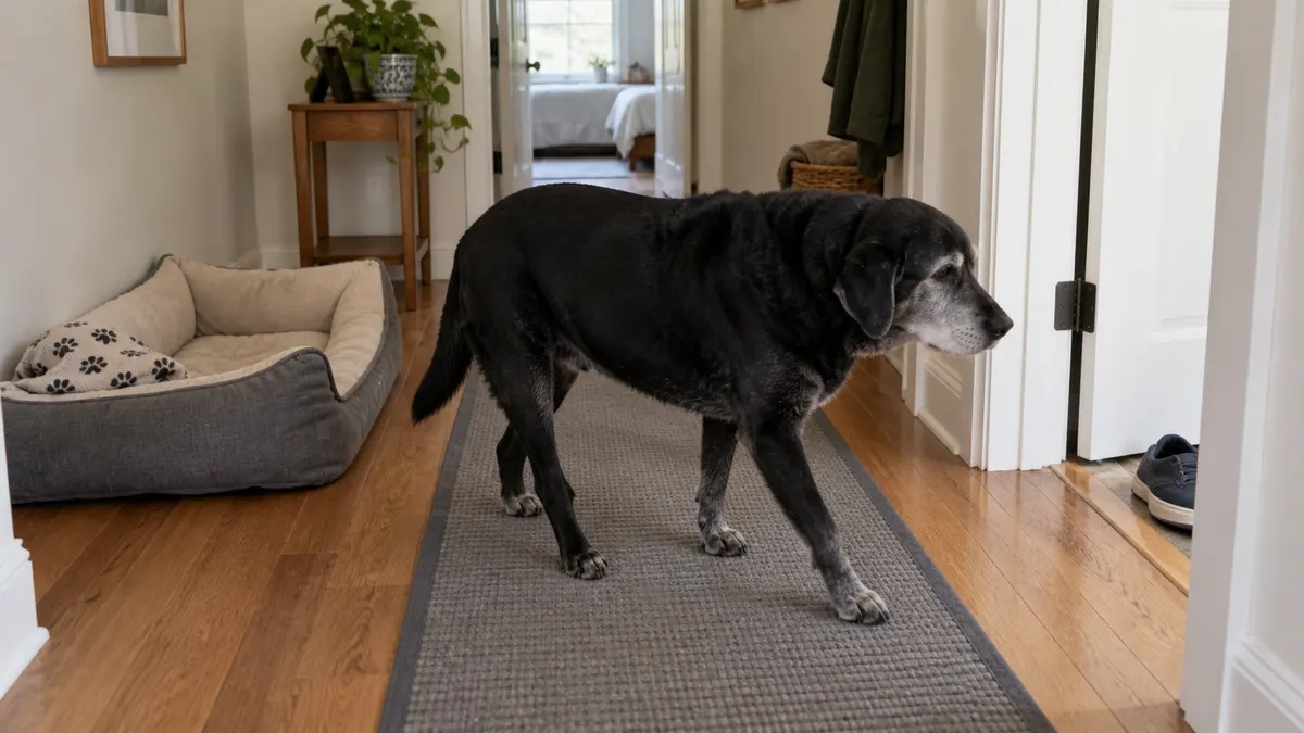 Gray muzzled black dog crossing a flat runner in a hallway beside a low bed