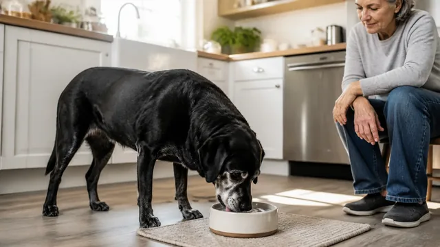 Gray muzzled senior black Labrador drinking from a ceramic water bowl while its caregiver observes