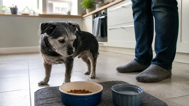 Gray muzzled senior terrier sniffing a partly filled food bowl in a home kitchen