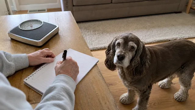 Gray muzzled senior spaniel beside caregiver hands recording observations in a paper notebook