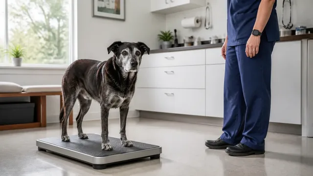 Gray muzzled senior mixed breed dog standing calmly on a veterinary floor scale