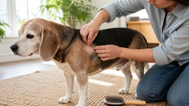 Caregiver gently checking a small lump while grooming a gray muzzled senior beagle