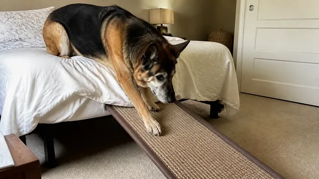 Gray muzzled German shepherd stepping from a bed onto a textured ramp
