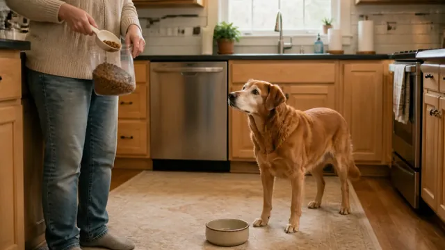 Gray muzzled senior dog waiting beside an empty bowl while a caregiver measures kibble