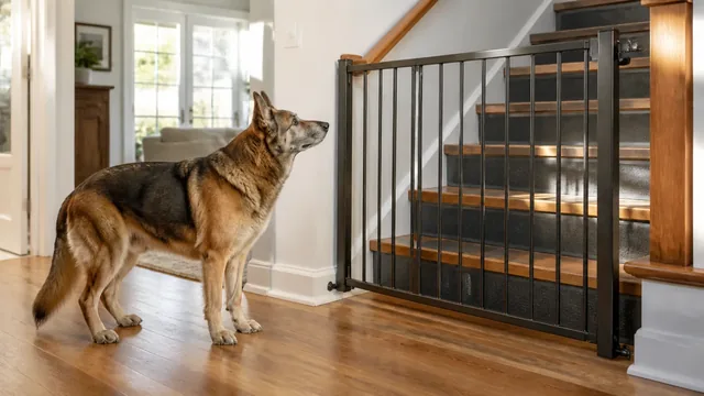 Gray muzzled senior German shepherd standing safely behind a gate at the bottom of nonslip stairs