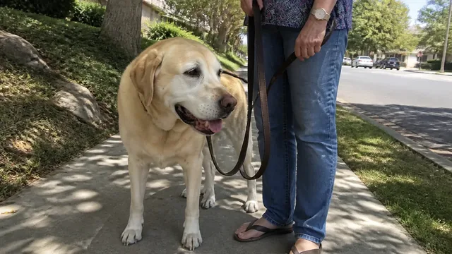 Gray muzzled yellow Labrador standing beside its handler on a shaded sidewalk