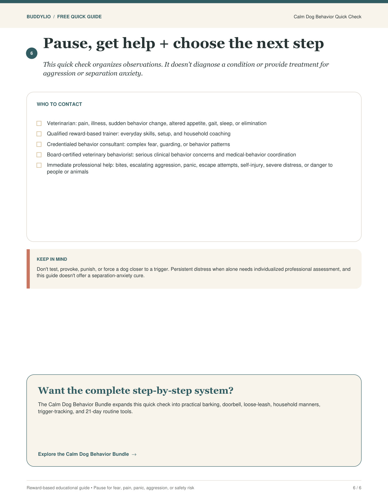 Dog behavior safety and next-step page