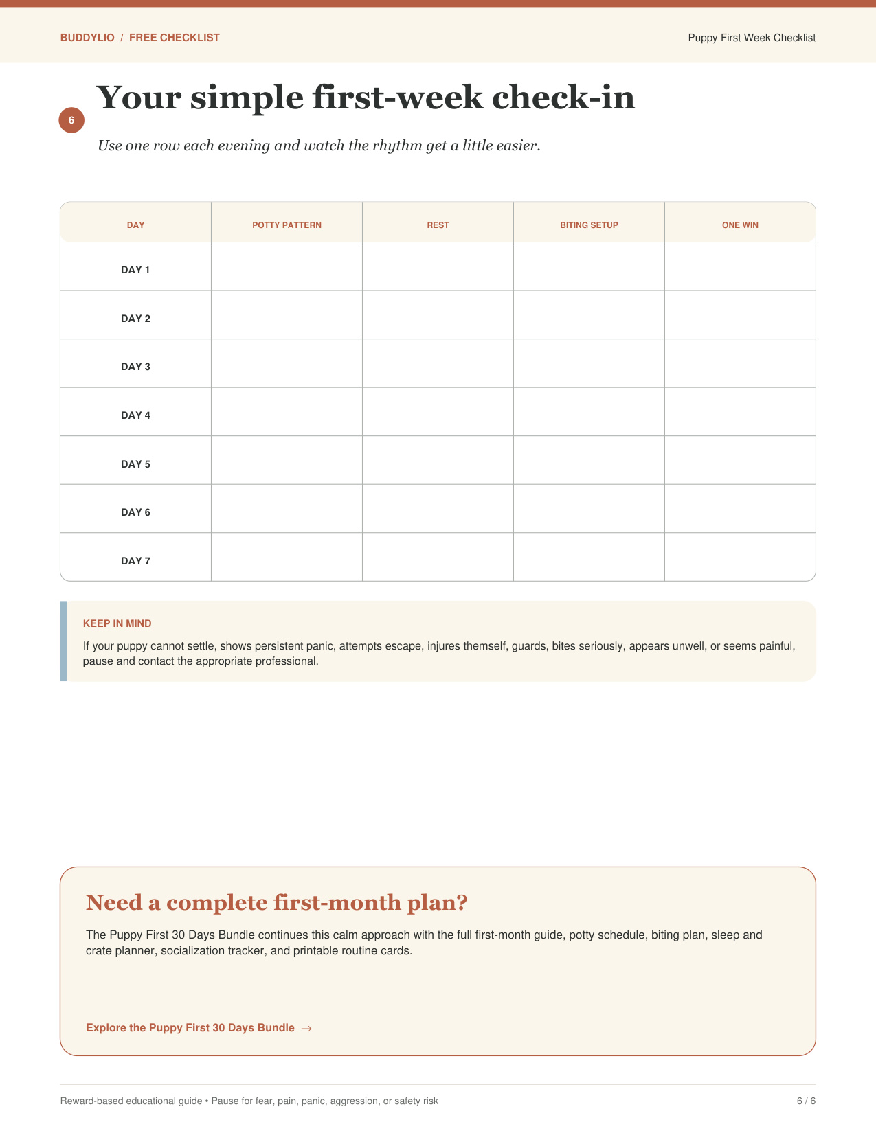 Puppy first-week check-in page