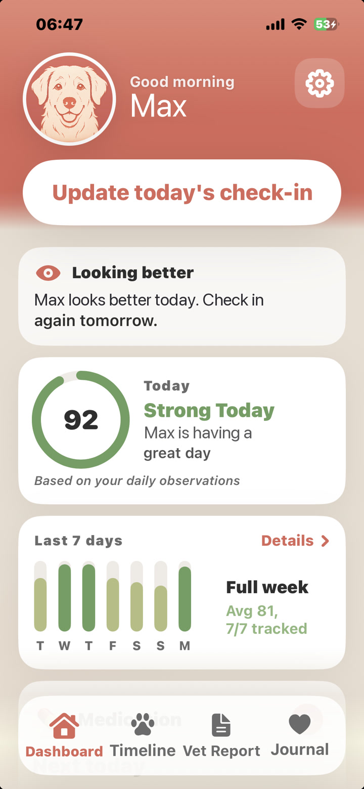 Buddylio dog care app daily dashboard