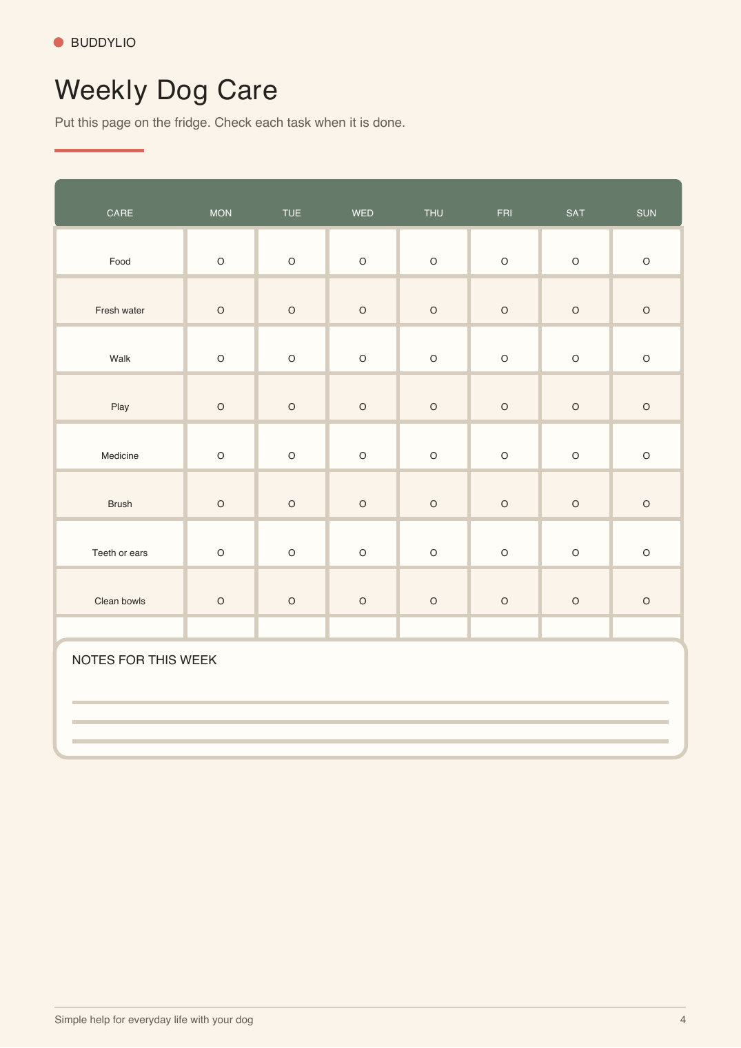 Weekly dog care page with boxes for each day