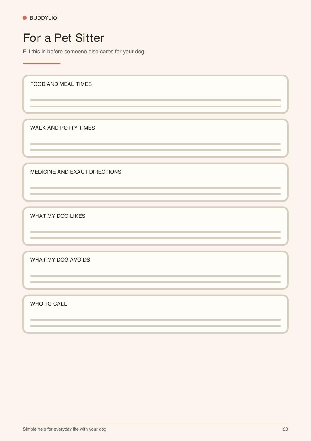 Care page for a pet sitter