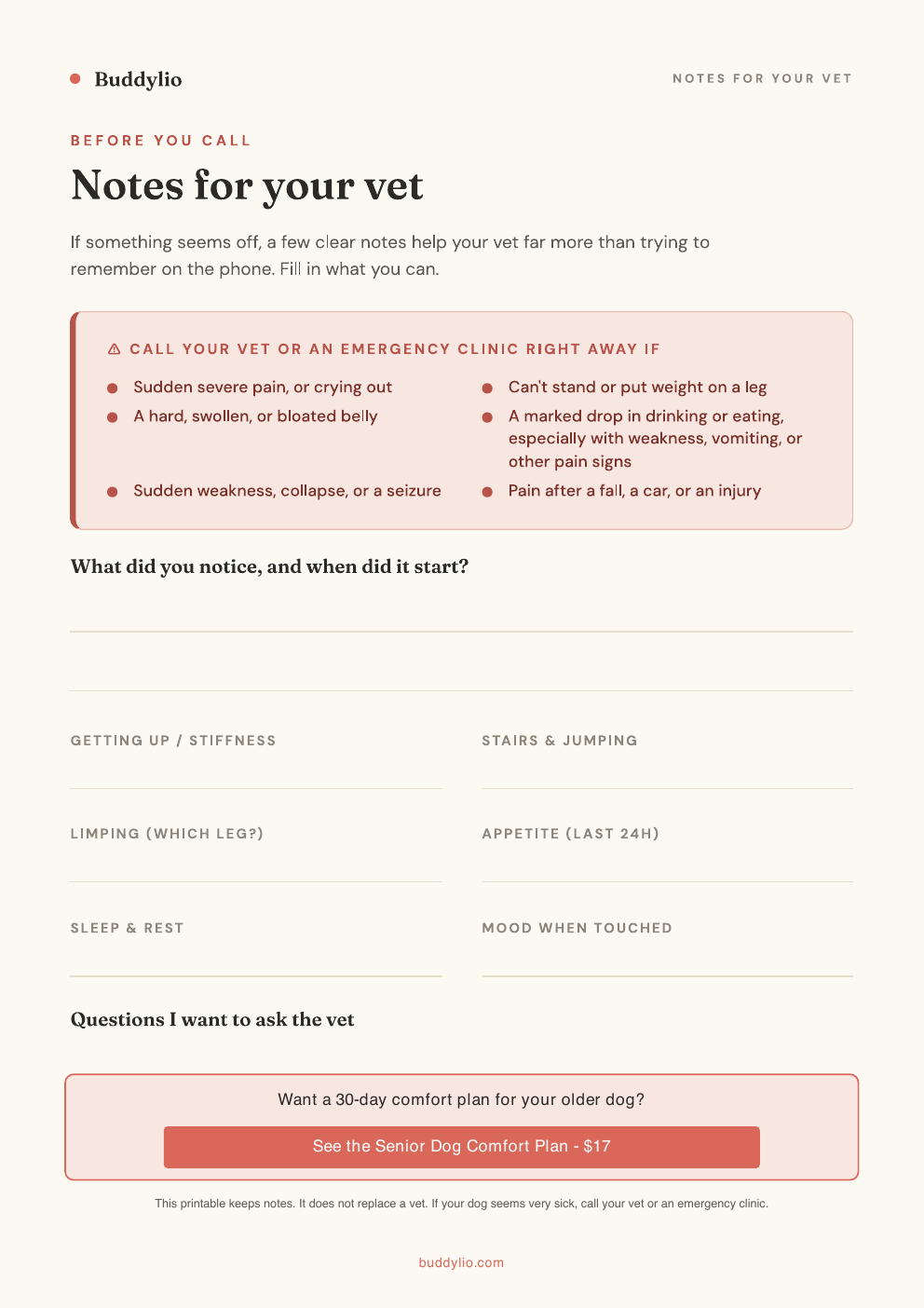 Notes for your vet
