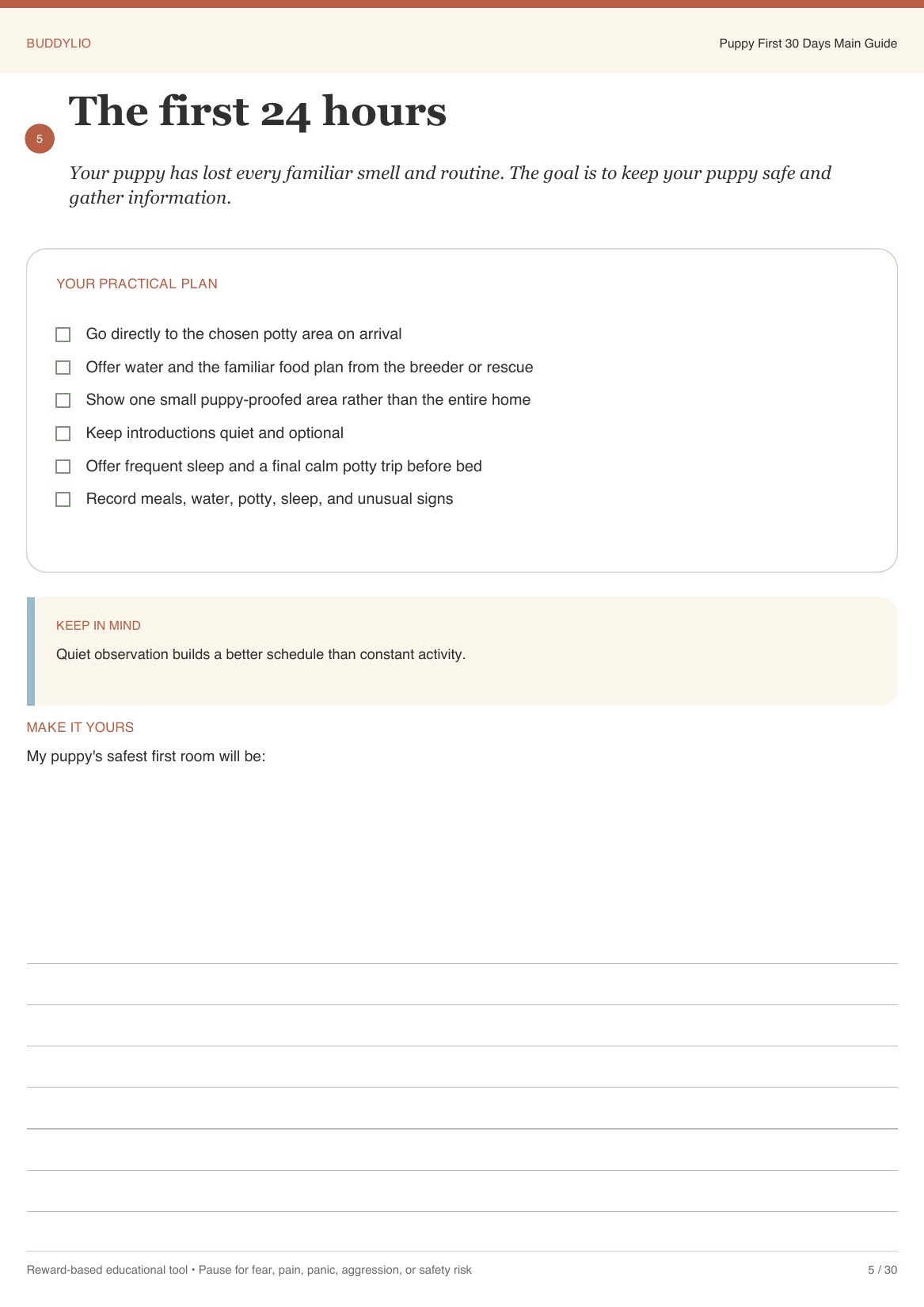 The first 24 hours page, a checklist for the day your puppy comes home