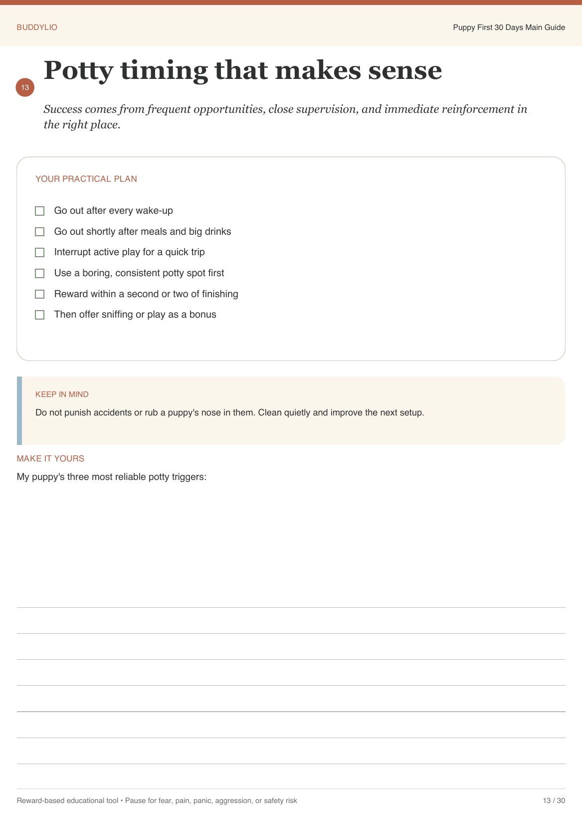 The potty timing page, showing when to take a puppy out and what to reward