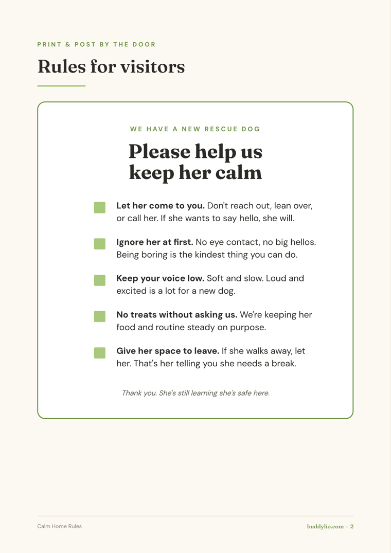 The print-and-post door sign that asks visitors to help keep a new rescue dog calm