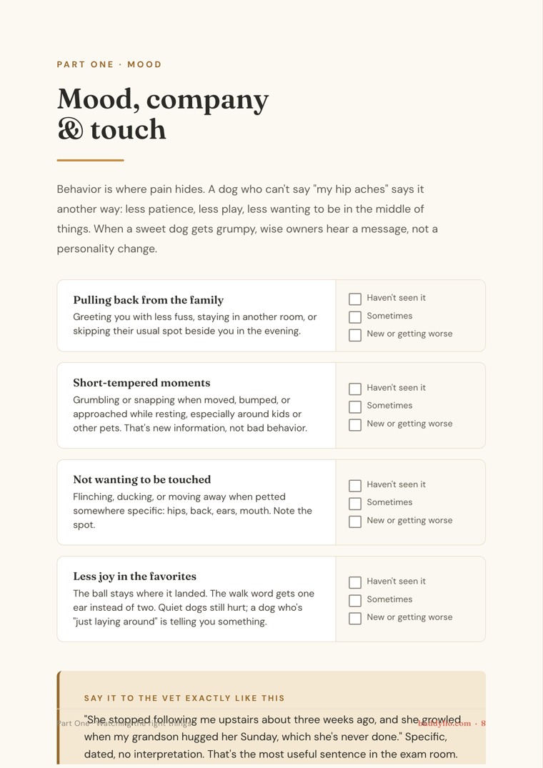 The mood, company and touch page, with a weekly checkbox for each small change